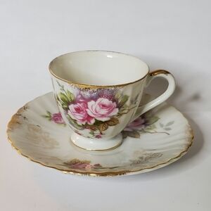 Vintage Mid Century Marco Tea Cup and Saucer Set pink rose gold trim Great condi